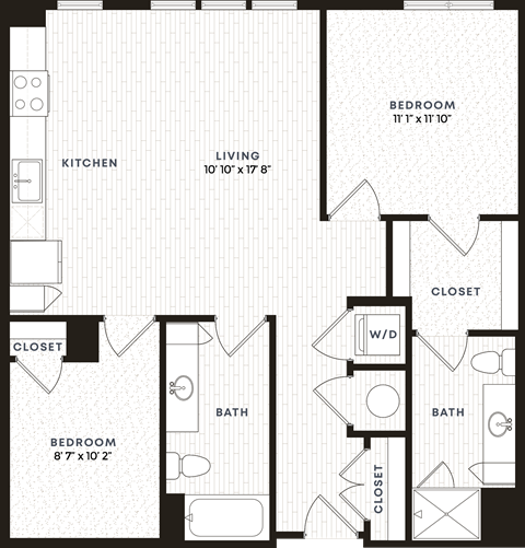 Floor plan for 2 beds, 2 baths, 965 sqft